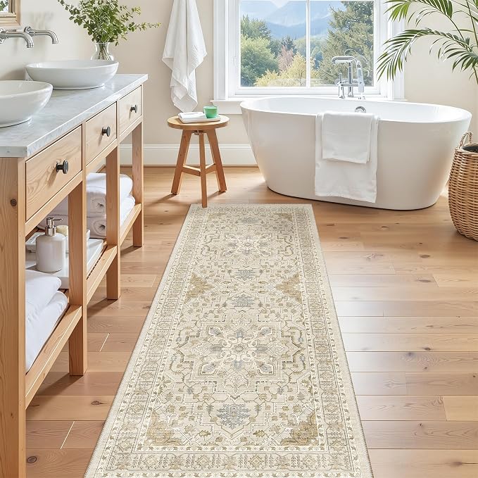 Madane Hallway Runner Rug - 2x5 Rug Runner Washable Runner Rugs Non-Slip Low-Pile Kitchen Runner Rug Laundry Room Rug Throw Carpet for Entrance Bedroom Living Room (2'x5', Beige/Blue)