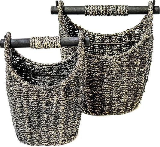 Trademark Innovations 12.2" & 9.4" Seagrass Baskets with Wooden Handles - Set of 2 (Brown)