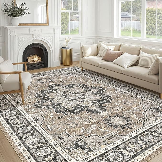 Vintage Living Room Area Rug 10x12 - Large Soft Washable Oriental Traditional Distressed Farmhouse Rugs for Bedroom - Indoor Floor Accent Carpet for Home Office House Decor - Black Brown