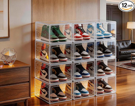 12 Pack Clear Shoe Storage Boxes Stackable, Plastic Shoe Boxes with Lids, Sneaker Storage, Transparent, Thick Hard, Drop Front Door, Within US Size 13