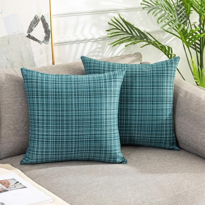 Kevin Textile Pack of 2 Decorative Outdoor Waterproof Throw Pillow Covers Stripe Square Pillowcases Modern Cushion Cases for Patio Couch Bench 20 x 20 Inch Teal