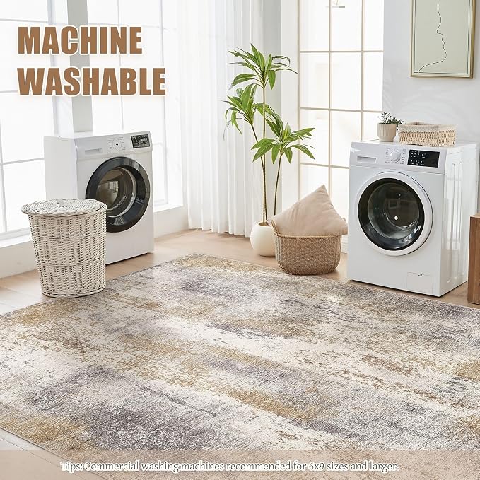 DMOYEST Area Rug Living Room Rugs - 8x10 Washable Large Soft Indoor Neutral Modern Abstract Low Pile Rug Carpet for Bedroom Dining Room Farmhouse Home Office - Brown Grey