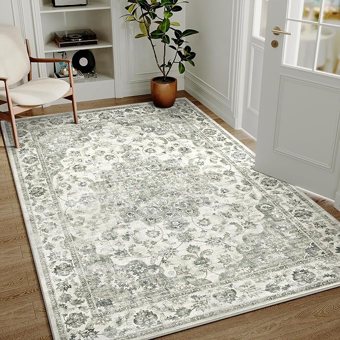 5x7 Washable Neutral Area Rug Green Vintage Living Room Bedroom Carpet Non-Slip Soft Low Pile Farmhouse Indoor Throw Rug for Dining Room Entryway Office