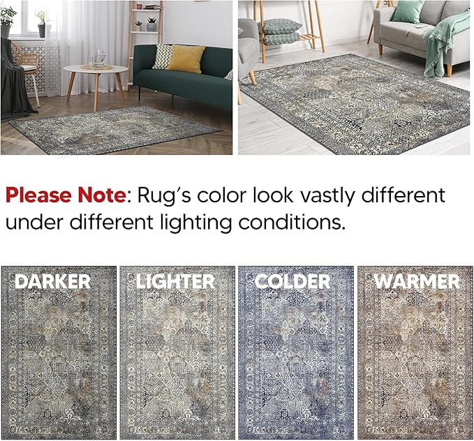 Keen Home Design 6x9 Rug - Machine Washable Area Rug with Non-Slip Backing, Ideal for Living Room, Dining Room, Bedroom - Vintage, Easy Clean, Durable, Low Pile Rug - (6' x 9')