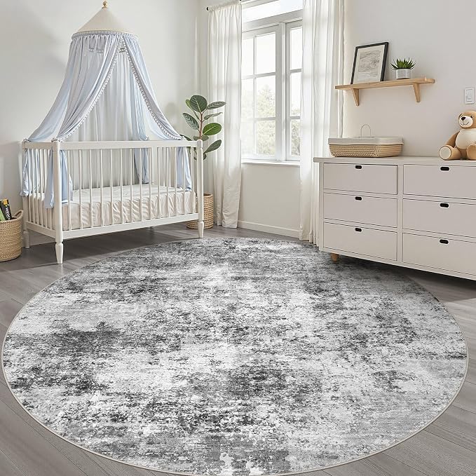 10ft Round Rug Living Room: 10x10 Washable Large Neutral Circle Area Rug Abstract Soft Modern Stain Resistant Indoor Floor Non-Slip Carpet for Bedroom Nursery Kids Office Playroom- Black Gray