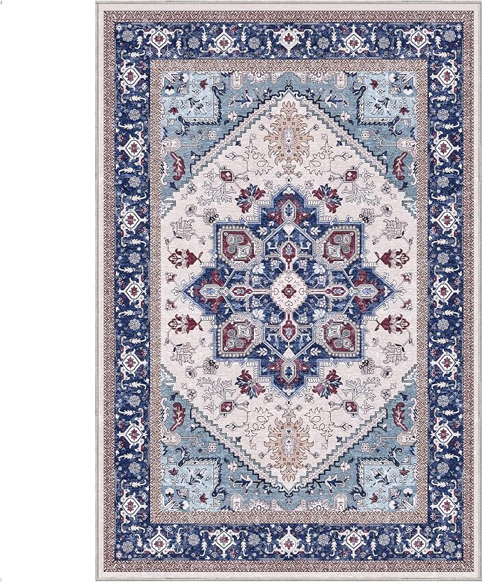 OPPODREAM Soft 6x9 Area Rugs, Washable Rug 6x9 with Non Slip Backing, Faux Cashmere Low-Pile 6 x 9 Carpet, Navy Blue & Red & Cream