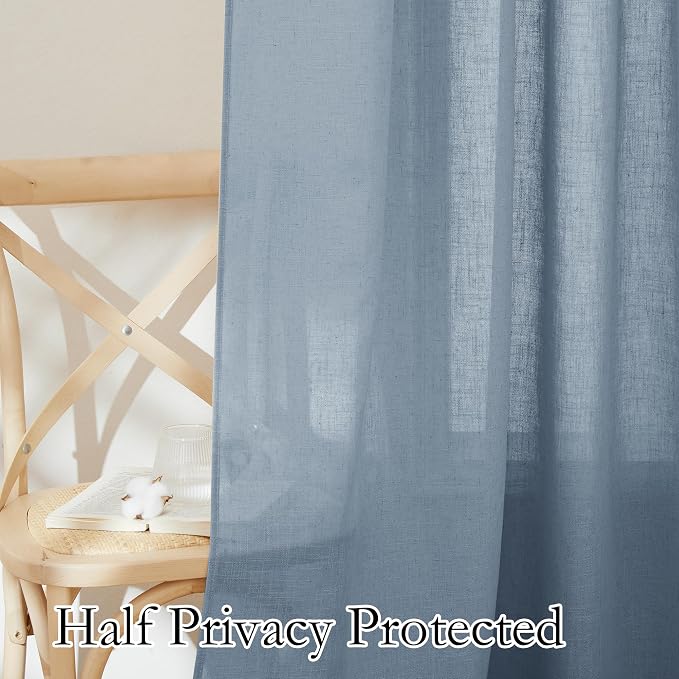 RYB HOME Privacy Sheer Curtains for Bedroom, Linen Blend Lightweight Breathable Burlap Curtains Back Tab Farmhouse Boho Rustic Decoration, Length 36 by Width 52 inch, Dusty Blue, 1 Pair