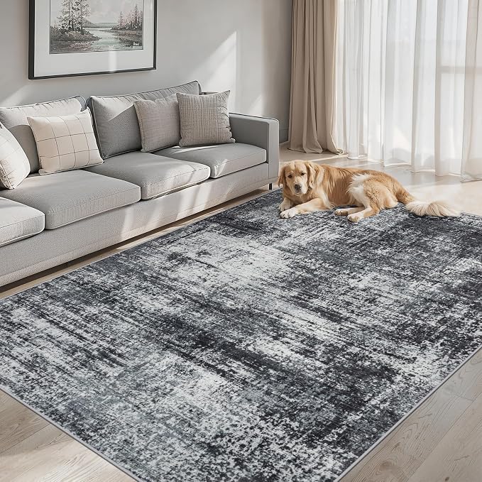 Area Rugs 10x14 Living Room - Washable Rug Modern Abstract Soft Large Neutral Non-Slip Carpet Indoor Floor Thin Carpets for Bedroom Dining Room Farmhouse Nursery Home Office Dark Black