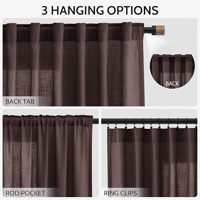 Nanspring Linen Curtains 84 Inch Long for Living Room Back Tab Light Filtering Drapes for Bedroom Office Window Protect Privacy Modern Farmhouse Decor 2 Panels 52x84, Coffee Brown