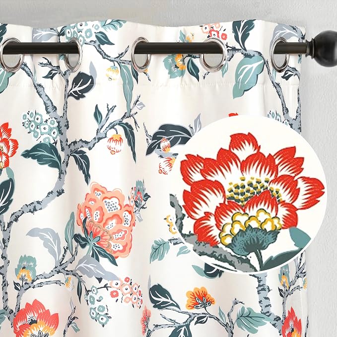 DriftAway Ada Floral Botanical Print Flower Leaf Lined Thermal Insulated Room Darkening Blackout Window Curtains 2 Layers Set of 2 Panels Each 52 Inch by 96 Inch Ivory Orange Teal
