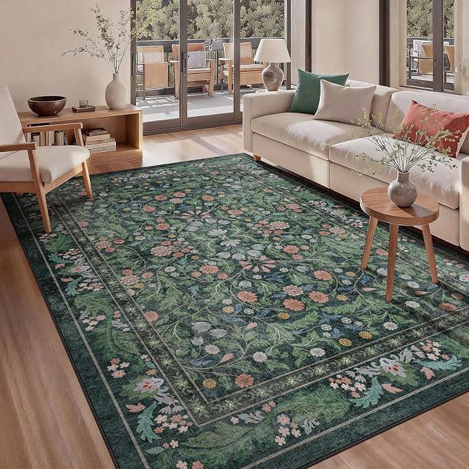 Floral 5x7 Area Rugs for Living Room, Machine Washable Vintage Rug Boho Low Pile Carpets Non Slip Soft Carpet for Farmhouse Bedroom Office Rugs, Kids Room, Nursery Room, Playroom, Green