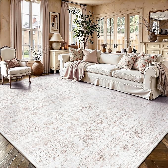8x10 Area Rugs for Living Room, Washable Vintage Retro Floral Rug, Low Pile Non Slip Distressed Large Carpet for Bedroom, Dining Room, Office, Home (Pink)