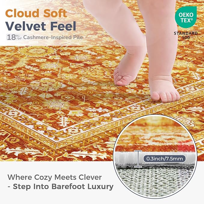 OPPODREAM Vintage Orange Area Rugs 6x9, 6 x 9 Retro Washable Rug Non Slip, Low-Pile Faux Wool Carpet, Distressed Floor Mat for Living Room, Bedroom, Kitchen, Office, Dorm, Dinning Room