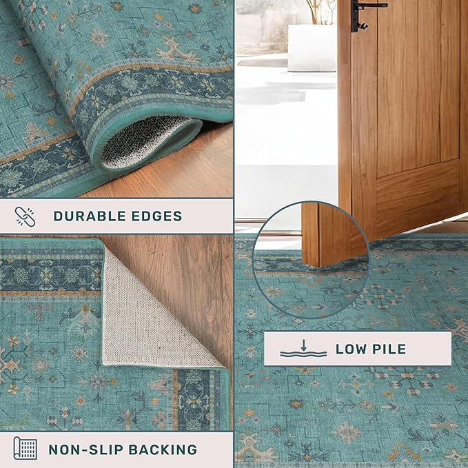 Hazo Haus Boho 2x6 Non Slip Kitchen Rug Runner - Teal Washable Rug for Bathroom, Laundry Room, Hallway, Non Slip with Rubber Backing, Floral Aqua Blue Unique Runner Décor