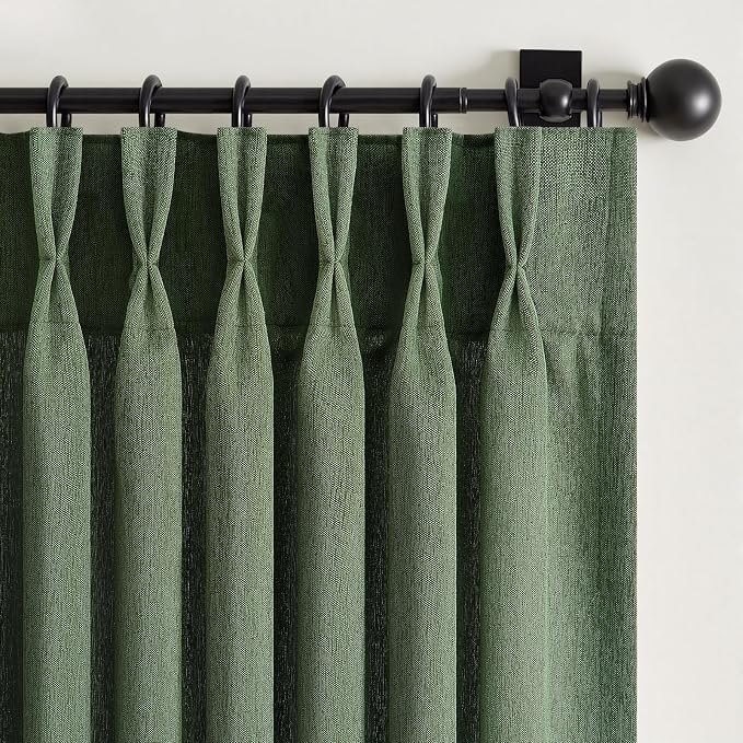 Olive Green Thick Semi Sheer Curtains 96 Inches Long,Linen Textured Boho Natural Bedroom Living Room Home Decor,Cotton Linen Blended Light Filtering Pinch Pleated Window Curtain 8ft Panels Set of 2
