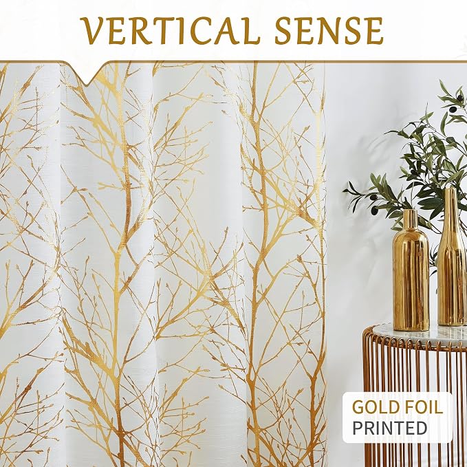 FMFUNCTEX Linen Semi Sheer Curtains, Gold Foil Metallic Print White Tree Panel for Bedroom & Living Room, Light Filtering 63 Inch Grommet Top 2 Panels