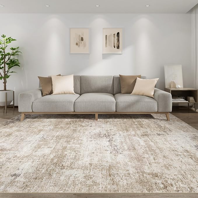 Abstract 10x12 Area Rug: Machine Washable Non Slip Ultra Thin Low-Pile Carpet, Soft Stain Resistant for Living Dining Room Bedroom, Kid Pet Friendly, Robot Vacuum Compatible - Brown