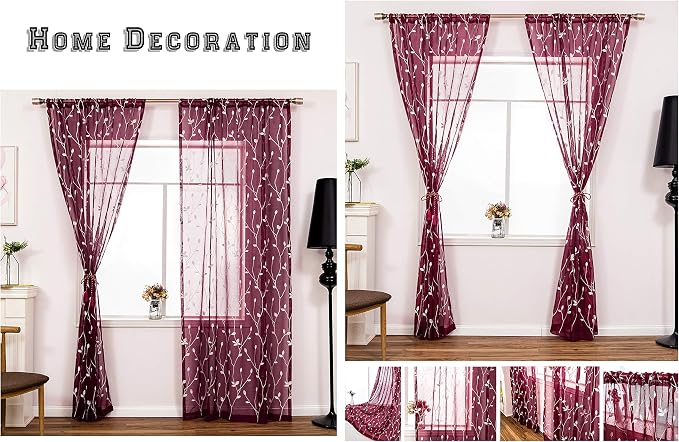 AmHoo 2 Panels Embroidered Leaf Pattern Semi Sheer Curtains Foliage Floral Voile Window Draperies Treatment for Bedroom Living Room Rod Pocket Burgundy Red 53 x 95 Inch