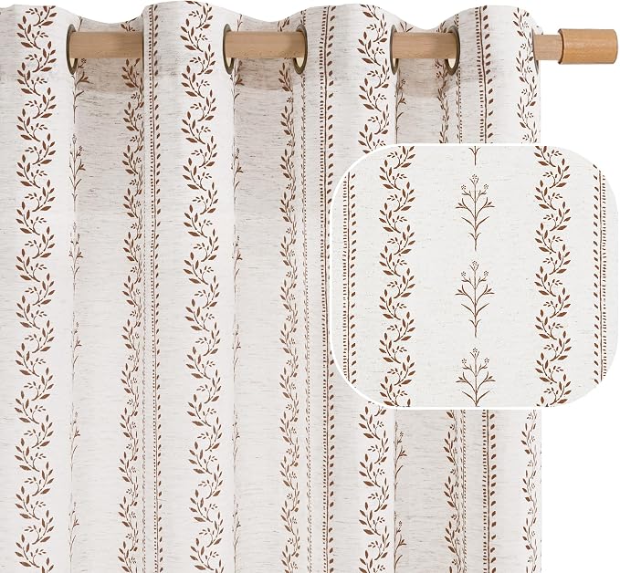 BGment Short Brown Boho Curtains Leaf Floral Print Cottage Core Botanical Curtains for Living Room Light Filtering Curtain 54 Inch Long for Farmhouse Rustic, Each 52 Inch Wide, 2 Panels Set