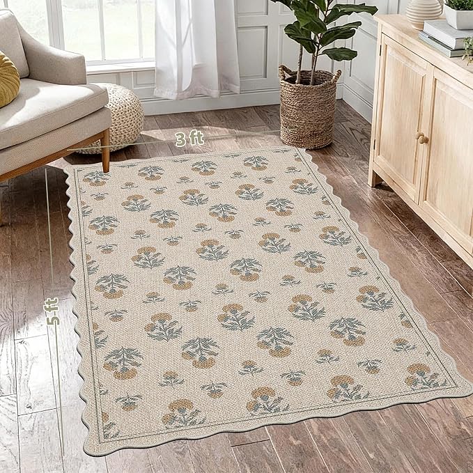 ORTIGIA Scalloped Easy Jute 3x5 Area Rug Vintage Yellow Floral Farmhouse Washable Rug Non-Slip Indoor Outdoor Carpet for Living Room Bedroom Kitchen Patio Entryway