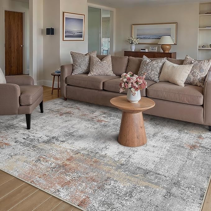 5x7 Washable Area Rug Rust Grey Abstract Non Slip Soft Low Pile Rug for Living Room Bedroom Dining Room Office Neutral Modern Indoor Throw Carpet for Home Decor