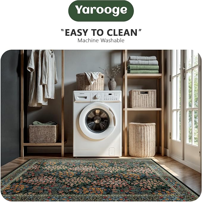 6x9 Area Rugs, Washable Floral Area Rugs for Living Room, Indoor Area Rug for Bedroom, Dining Room, Low Pile Non-Slip Non Shedding Rug(Black Floral)