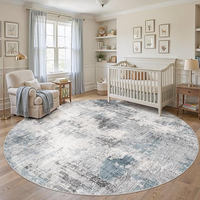 Abstract 10FT Round Rug: Machine Washable Non Slip Ultra Thin Low-Pile Carpet, Soft Stain Resistant for Living Dining Room Bedroom, Kid Pet Friendly, Robot Vacuum Compatible - Grey Blue