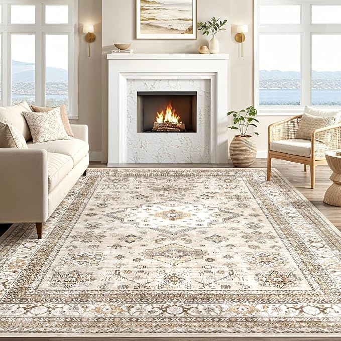 Vintage Living Room Area Rug 12x15 - Large Soft Washable Oriental Traditional Distressed Farmhouse Rugs for Bedroom - Indoor Floor Accent Carpet for Home Office House Decor - Beige