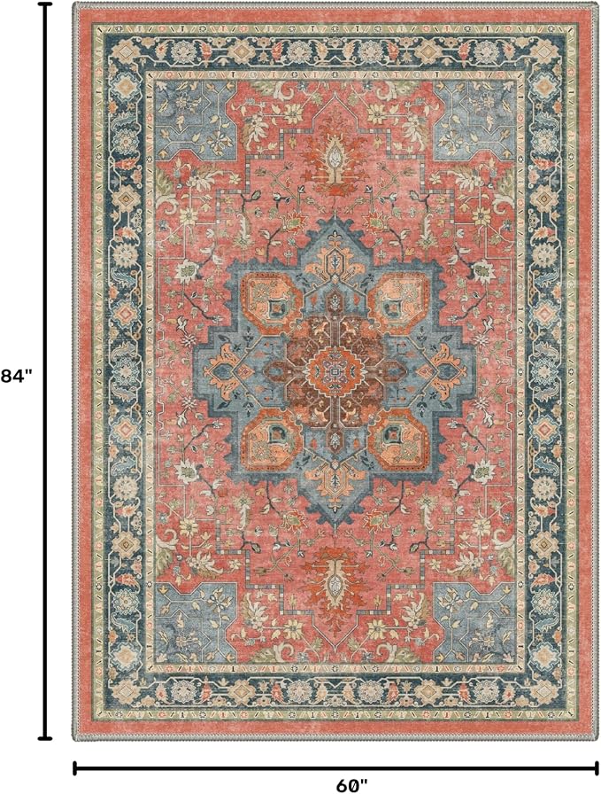 GENIMO 5x7 Area Terracotta Rug for Living Room, Machine Washable Rug, Non Slip Indoor Vintage Carpet, Low Pile Lightweight Print Carpet for Bedroom Dining Room Home Office