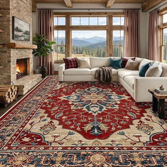 RELEANY Area Rugs Large 10'x14' Washable Non-Slip, Floral Vintage Distress Medallion Carpet for Living Room Bedroom Dining Room, Red Blue
