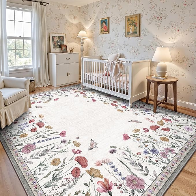 8x10 Area Rugs, Machine Washable Low Pile Floral Rugs for Living Room, Bedroom, Large Area Rug with Non-Slip Backing for Dining Room(Classic Beige)