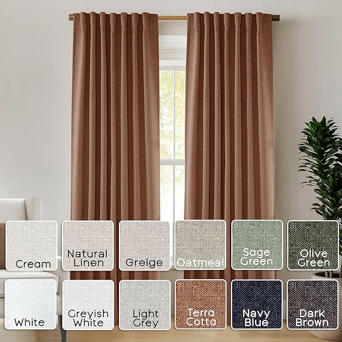 Solid Terracotta Color Linen Blackout Curtains 96 Inch Long, Vintage Country & Retro Mid Century Modern Drapes for for Bedroom Living Room, 2 Panel Set