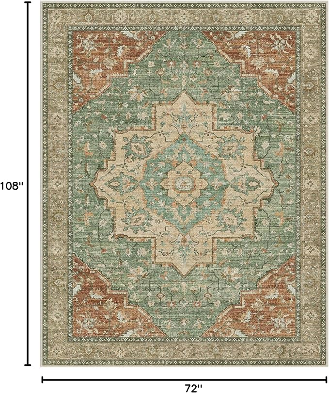 GENIMO 6x9 Area Rugs for Living Room, Machine Washable Non Slip Vintage Rugs, Low Pile Lightweight Chenille Print Rug for Bedroom, Dining Room, Home Office