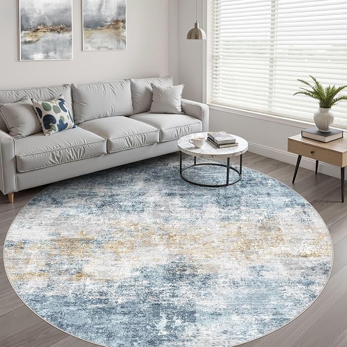 7ft Round Rug Living Room: 7x7 Washable Large Neutral Circle Area Rug Abstract Soft Modern Stain Resistant Indoor Floor Non-Slip Carpet for Bedroom Nursery Kids Office Playroom Dining Room- Blue Gold