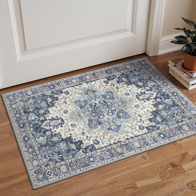 GENIMO Area Rug 2x3 Doormat, Machine Washable Low Pile Rugs, Small Retro Entryway Mat for Entrance, Hallway, Kitchen and Corridor, Center Blue