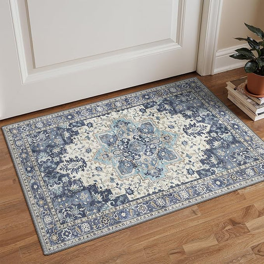 GENIMO Area Rug 2x3 Doormat, Machine Washable Low Pile Rugs, Small Retro Chenille Entryway Mat for Entrance, Hallway, Kitchen and Corridor, Center Blue