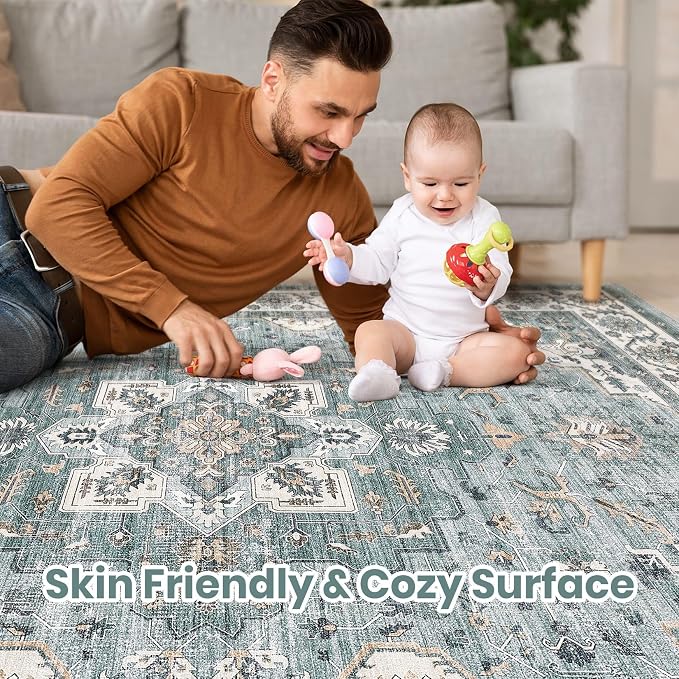 Vintage Living Room Area Rug 9x12 - Large Soft Washable Oriental Traditional Distressed Farmhouse Rugs for Bedroom - Indoor Floor Accent Carpet for Home Office House Decor - Denim Blue