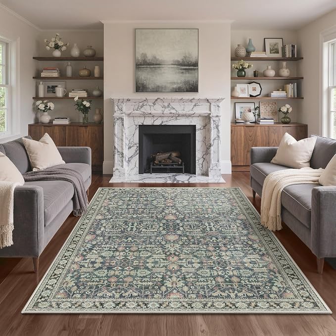 Bavni 2x5 Rug Runners for Hallways, Washable Runner Rug Non Slip,Vintage Floral Print Style Rugs for Bedroom-Lightweight Low Pile Carpet for Hallways Bathroom, Green/Blue