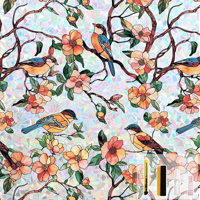 Kromapolis Window Privacy Film, Stained Glass Sticker Floral Window Clings, Decorative Static Clings UV Blocking Colorful Decals, Removable Vinyl Covering Rainbow Camellia, 23.6'' x 78.7''