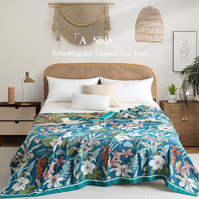 Phuryllic Boho Throw Blanket Full Size, Extra Large Soft Cozy Cotton Muslin Quilt Blanket for Bed Decor, Floral Patterned Couch Sofa Chair Cover, Vintage Farmhouse Cottage Woven Blanket, Teal&Green