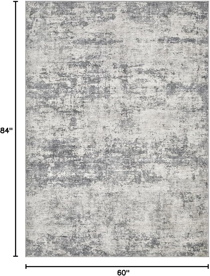 Abstract 5x7 Area Rug: Machine Washable Non Slip Ultra Thin Low-Pile Carpet, Soft Stain Resistant for Living Room Bedroom Nursery, Kid Pet Friendly, Robot Vacuum Compatible - Grey Beige