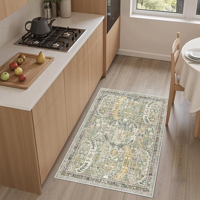 Madane Washable Area Rug 2x3 Small Entryway Rugs Non-Slip, Green/Gold | Vintage Stain-Resistant Door Mat Indoor Entrance, Low Pile Floor Carpet for Inside Front Bedroom Kitchen Entry Laundry, Stair