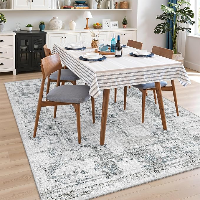 Madane 6x9 Area Rugs for Living Room, Machine Washable Vintage Rug with Non-Slip Backing, Soft Throw Large Rug, Thin Carpet for Bedroom Dining Room Farmhouse Under Table, Blue/Grey