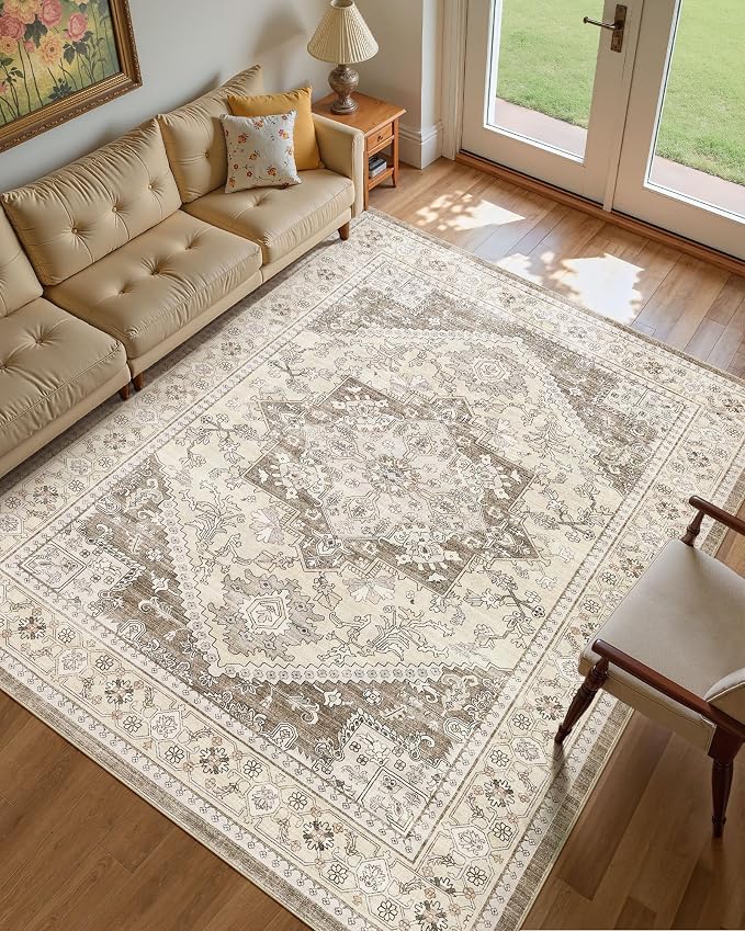 9x12 Vintage Area Rug: Washable Neutral Soft Non Slip Thin Large Floor Carpet for Living Room Bedroom Kitchen Dining Room Home Office Farmhouse Indoor - Brown