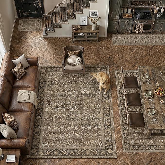 HUGEAR 2x8 Runner Rug Machine Washable Brown Hallway Area Rug Indoor Accent Rugs Floral Low Pile Carpet Soft Throw Rugs Bedroom Living Room Office Dining Kitchen Laundry Non Slip