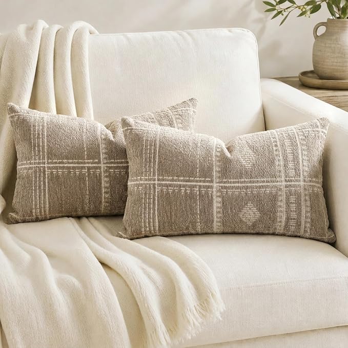 BlissBlush Decorative Lumbar Pillow Covers 12x20 Set of 2, Boho Taupe Chenille Accent Rectangular Throw Pillow Covers for Couch Sofa Living Room Home Décor (Cover Only)