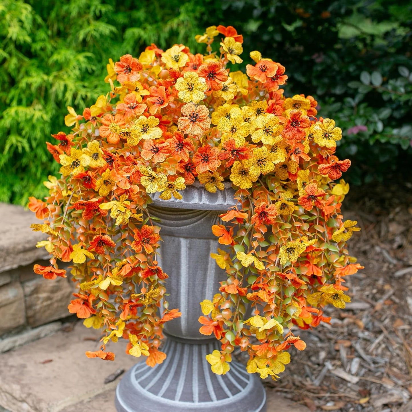INSPRING Artificial Fall Flowers for Outdoors Decoration, 2Pcs Fake Fall Light Orange & Yellow Hanging Flowers, Faux Autumn Decor for Porch Patio Balcony Planter, Realistic Arrangement