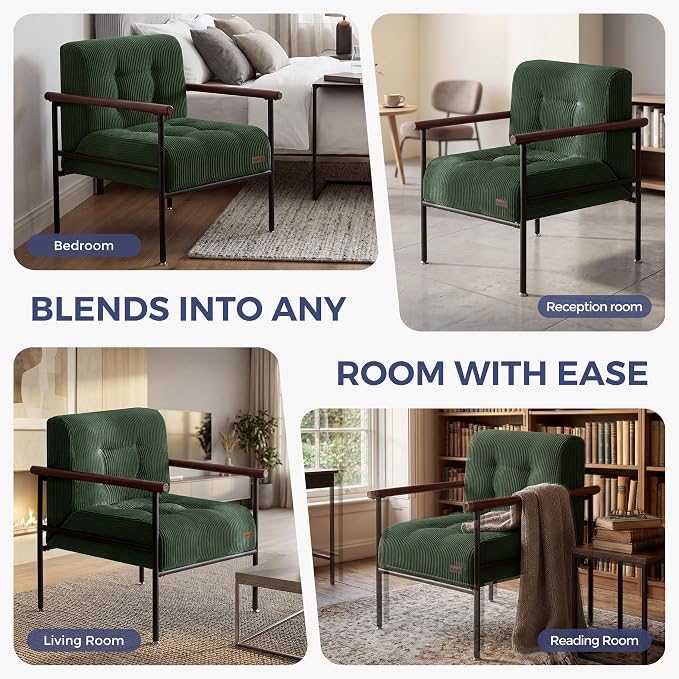 MAXYOYO Living Room Accent Chair, Modern Chair with Metal Frame | Upholstered Reading Chair Modern Living Room Chair with Support Cushion for Bedroom Balcony Porch, Dark Green