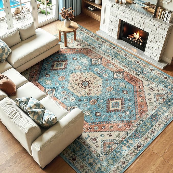 Lofus Vintage Living Room Rugs 8x10, Soft Machine Washable Area Rug for Bedroom Indoor Floor Home Office House Decor, Oriental Traditional Distressed Farmhouse Carpet, Boho Terracotta and Blue