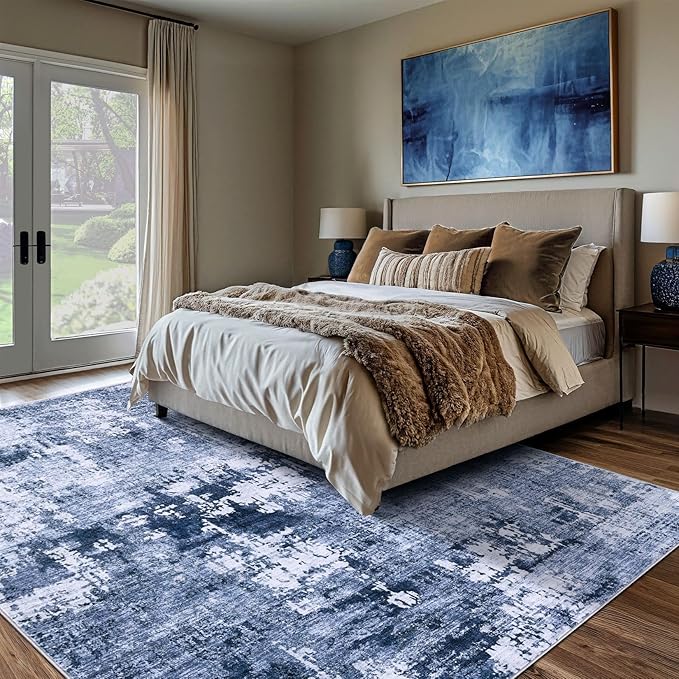 DMOYEST Area Rug Living Room Rugs - 10x14 Washable Large Soft Indoor Neutral Modern Abstract Low Pile Rug Carpet for Bedroom Dining Room Farmhouse Home Office - Navy Blue
